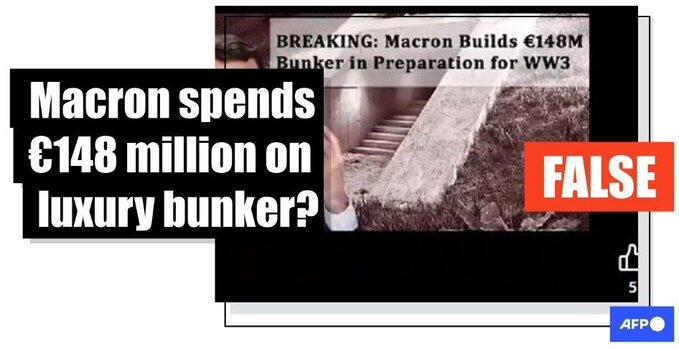 Des publications affirmant que Macron s'est commandé un bunker de luxe d'une valeur de 148 millions€ sont basées sur un faux rapport, des documents falsifiés et de fausses sources @AFPFactCheck